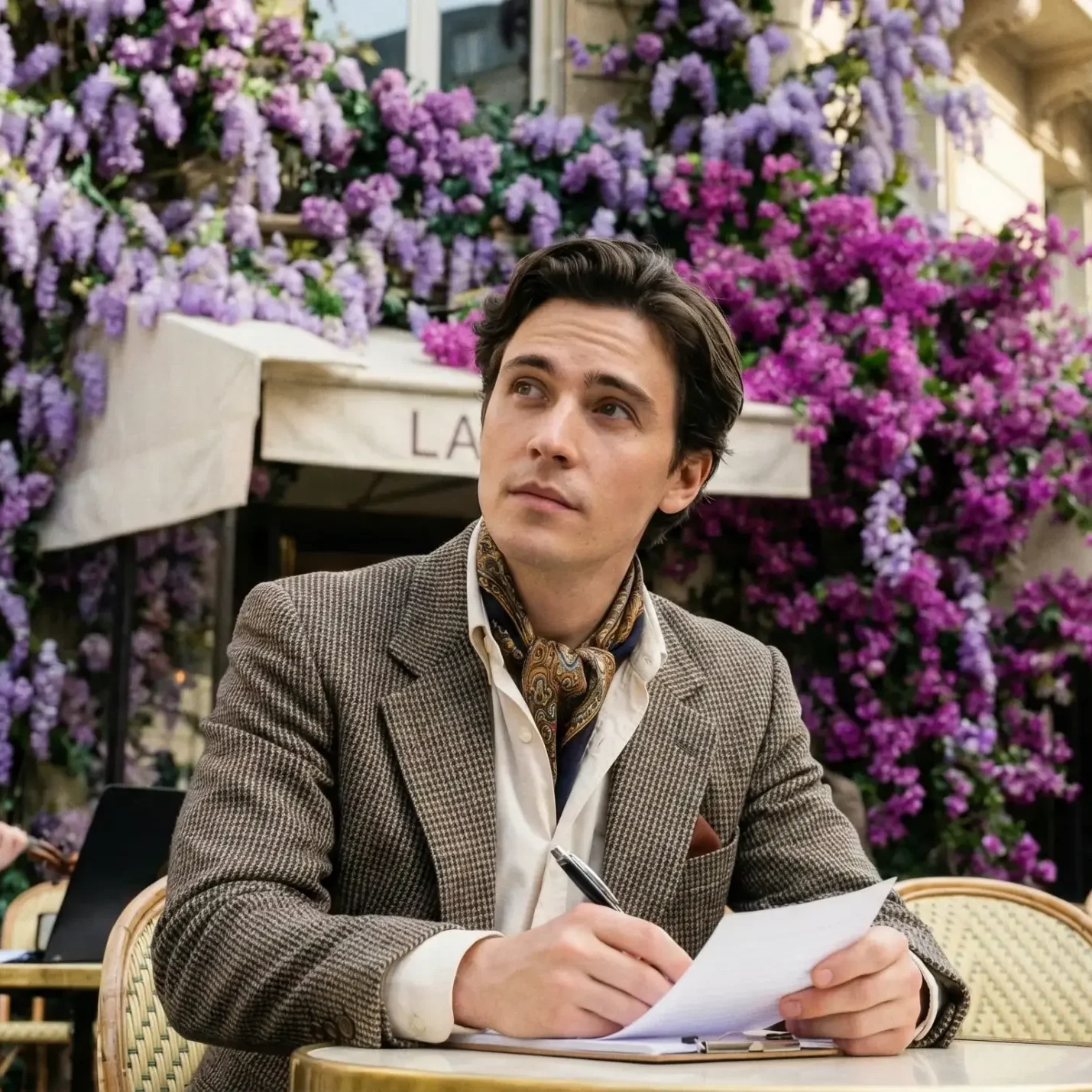 Un hombre sentado en una terraza, escribiendo en una hoja de papel, con un fondo de flores moradas y un músico tocando el violín.